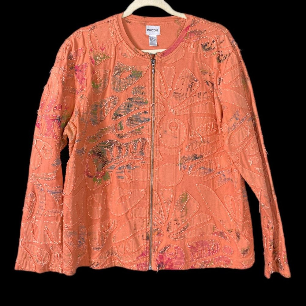 Chico's Peach Patchwork Stitched Zip Up Cardigan - image 3